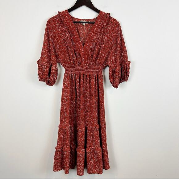 Max Studio Puff Sleeve Midi Dress Orange Floral Size Large - Picture 1 of 5